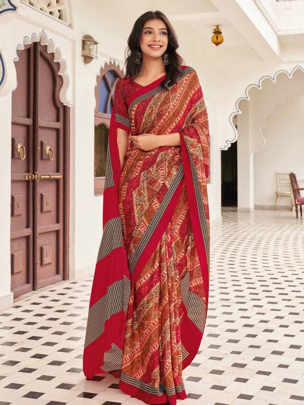 Brown Red Crepe Silk Digital Print Saree